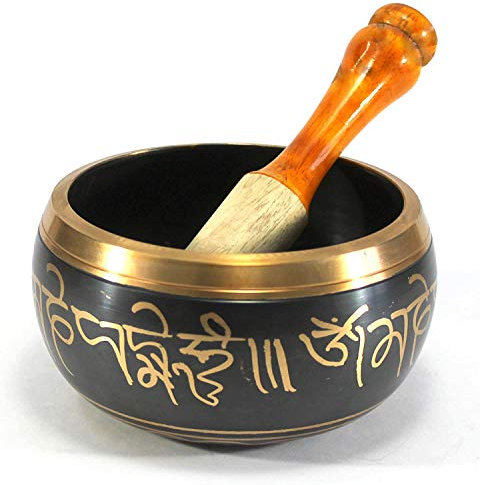 eSplanade - 4 pouces - Instrument de prière bouddhiste tibétain avec bol chantant et bâton de frappe | OM Bell | Bol OM | Bol de méditation | Musicothérapie (Noire)