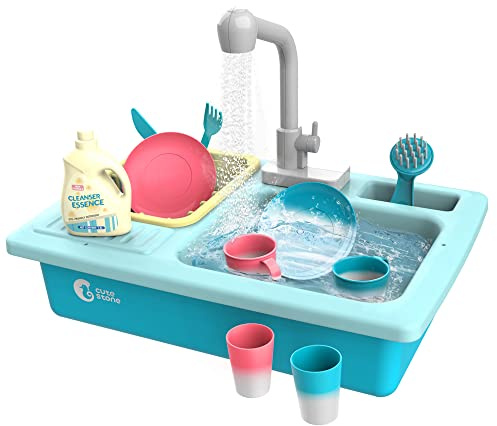 CUTE STONE Color Changing Kitchen Sink Toys, Children Electric Dishwasher Playing Toy with Running Water, Upgraded Faucet, Automatic Water Cycle System Play House Pretend Role Play Toys for Boys Girls