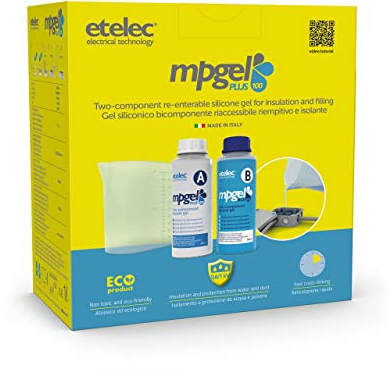 Kit MPGEL 1 Litro, Gel Isolante Siliconico Bicomponente, Riempimenti Sigillature Scatole Cassette Derivazione Fino1 kV, Confezione 2 Flaconi 500 ml + Caraffa