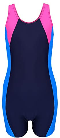 Aquarti Girls' One Piece Shorty Swimsuit Child, Dark Blue/Blue/Pink, 146