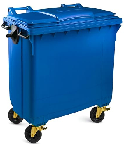 SSI Contenedor de Basura 770L con Tapa Plana - Ruedas con Freno, Desagüe Inferior, Cumple Normativa EN-840, Ideal para Grandes Volúmenes de Residuos y Reciclaje en Exteriores (Azul, 770 litros)