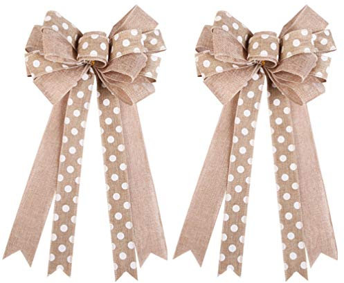 Amosfun 2pcs Christmas Burlap Bows Bowknot Christmas Tree Toppers Xmas Holiday Tree Decorations Ornaments