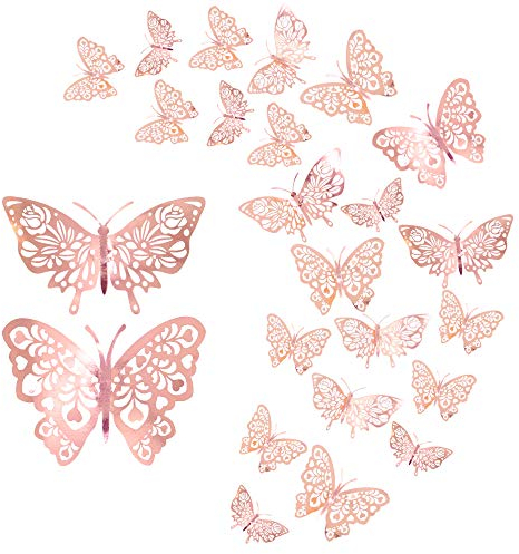 24 Stücke Schmetterling Wandaufkleber,CattleyaHQ Mixed 3D Schmetterlinge Wandtattoos,Lebhaft Blitz Wandaufkleber für Zuhause, Schlafzimmer, Babyzimmer Dekoration (Rosegold)