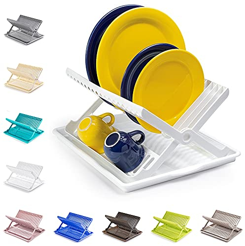 plastific Folding Dish Drainer With Tray Dish Drainer With Drip Tray Cutlery Holder Folding Dish Drainer and Plate Drying Rack With Cutlery Holder (White)