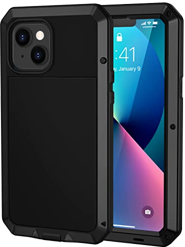 Focusor für iPhone 13 (6.1) Hülle, 360 Grad Outdoor Schutzhülle Stoßfest Tough Armor Metall Ganzkörper Panzerhülle Staubdicht Heavy Duty Case mit Eingebautem Displayschutz, Schwarz