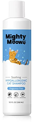 Mighty Meow Soothing Hypoallergenic Cat Shampoo – Easy at-Home Cat Grooming | Deodorizes | Gentle & Anti-Itch | Natural & Allergy-Safe Cat Shampoo Sensitive Skin – Fragrance Free | 9 fl oz