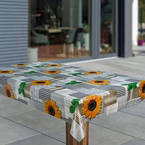laro Wachstuch-Tischdecke Abwaschbar Garten-Tischdecke Wachstischdecke PVC Plastik-Tischdecken Eckig Meterware Wasserabweisend Abwischbar, Muster:Sonnenblumen Gelb Grau Grün, Größe:90x90