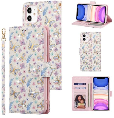 UEEBAI Wallet Case for iPhone 12/iPhone 12 Pro 6.1 inch, PU Leather Phone Case Kickstand RFID Blocking Flip Case Card Slots Wrist Strap Relief Engraved Pattern Magnetic Closure Folio Case - Butterfly