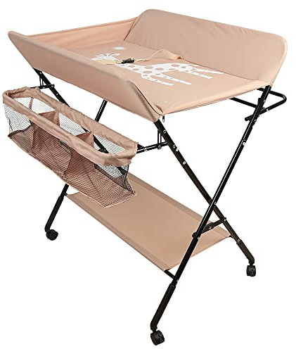 Supfine Wickeltisch Klappbar für Neugeborene mit Aufbewahrungskorb und Sicherheitsgurt - Tragbarer Wickeltisch auf Rollen, Höhenverstellbar in 3 Positionen, Ergonomisch (Beige)