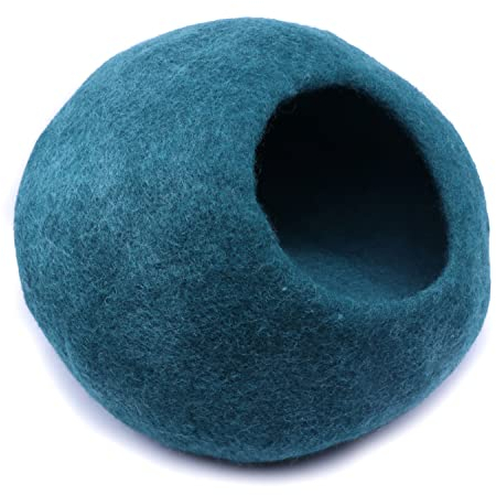 XL Katzenhöhle Katzenbett Katzenhaus – feinste Romney Wolle – kräftig gefilzt – außen robust & innen kuschelig weich – waschmaschinenfest (Petrol)