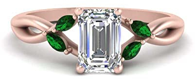 Emerald Cut diamond Split Shank Ring with White Diamond in 14K Yellow Gold rose gold plated Created Emerald Emerald shape Green color Ring Sets prong setting. in Size Z RGPR-D1466-EMERALD-CEM_Z_A