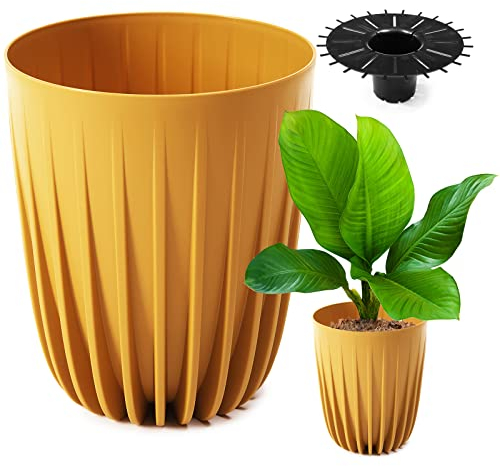 Konzept 11 - Maceta Alta de 25 cm de Diámetro, Grande para Exteriores y Balcón, Con Inserto Amarillo, para Palmera