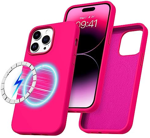 DUEDUE for iPhone 14 Pro Max Case Silicone, Magnetic [Compatible with Magsafe] Shockproof Protection, Scratch-Resistant, Slim Thin Liquid Silicone Case for iPhone 14 Pro Max 6.7 Inch, Hot Pink