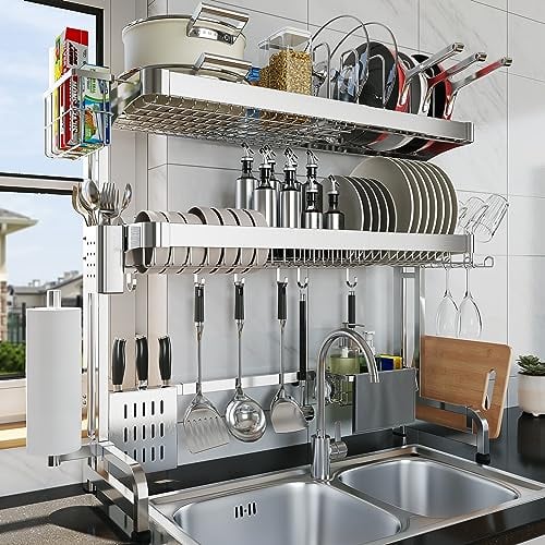 LIVOD Over The Sink Dish Drying Rack, 3-Tier Over Sink Dish Rack Stainless Steel Adjustable Length (29.1''~37.4''), Multifunctional Kitchen Sink Dish Drying Rack with Pots and Pans Rack (Silver)