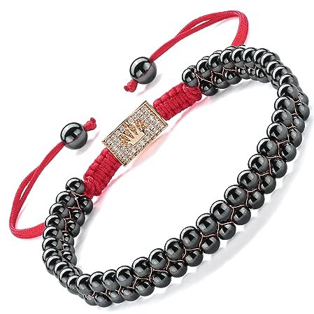 EUMENIDES Hämatit Magnetarmband,18K Gold Magnetarmband,Magnetische Hämatit Armbänder mit 18K Goldperlen,Beseitigen Sie statische Elektrizität (Rotgoldkrone, 4MM)
