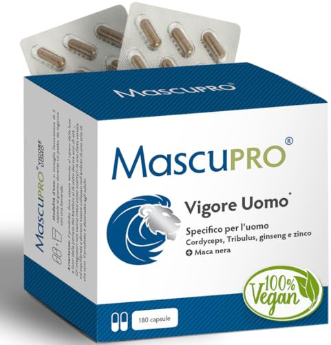 MascuPRO® Vigore Uomo Maca Nera - Estratto di Maca 20:1 con Tribulus terrestris, Cordyceps, Fieno greco, Zinco, Ginseng | Energia ed prestazioni | 180 capsule