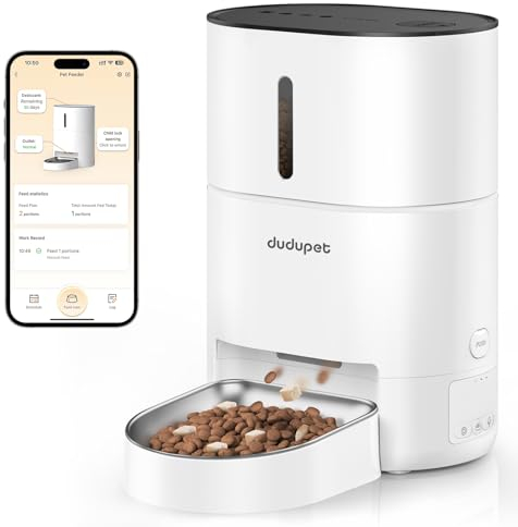 DUDUPET Futterautomat Katze - 4L Automatischer Futterspender Katze mit 2.4G WiFi-Fernbedienung, duale Stromversorgung, 10 Sekunden Sprachaufzeichnung, Edelstahlnapf