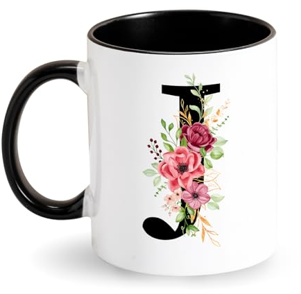 Personalisierte Tasse Initiale Kaffee Tasse - Buchstabe Keramik Tasse - Schwarz Tasse mit Blumen Alphabet Tasse Geschenke für Frauen Freundin Ehefrau zum Geburtstag Valentinstag Muttertag (J)