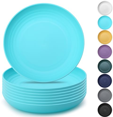 Kyraton Large Deep Plastic Plates 8 Pieces, 9 Inch Dinner Plates, Unbreakable and Reusable Light Weight Dinner Plates Pasta and Dumpling Bowl Microwave Safe