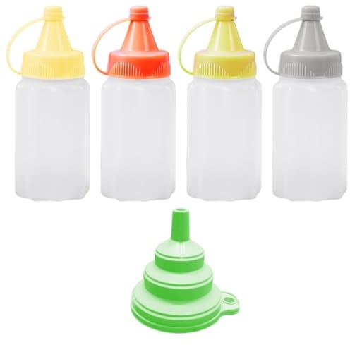 MEMOFYND 4-Piece Mini Sauce Containers with 1-Piece Folding Funnel, 30ml Squeezable Sauce Container, Spice Dispenser, Portable Squeeze Bottle for Kitchen, Picnic