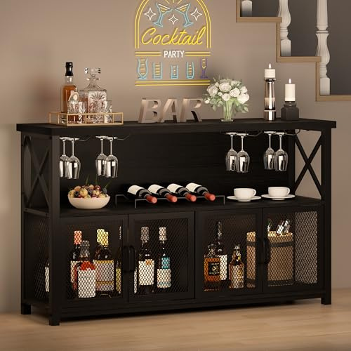 LVB Wine Bar Cabinet Industrial Coffee Bar Cabinets 120cm Black Oak | Industrial Coffee Bar Cabinet ,Modern Sideboard Buffet with Storage Rack, Rustic Liquor Home Bar for Dining Living Room