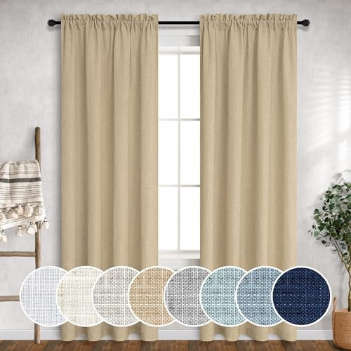 Lot de 2 rideaux en toile de jute, avec passe-tringle, tissu léger filtrant la lumière, lin semi-transparent, pour chambre, salon, couleur café camel, décor de style chalet, 228,6 cm, marron clair