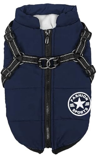 Voarge Hundejacke Winterweste Jacken, Hundemantel mit Geschirr für Kleine Hunde Hundemantel Wasserdicht Maschinen Waschbarer Reflektierender Streifen Design Haltbarer D-Ring (XXL,Blau)