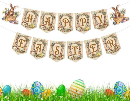 Hitrod Ostergirlande, Osterbanner-Flagge,Frohe Ostern Back Drop Bunny Chick Flag - Wiederverwendbare Frühlings-Ostern-Banner-Dekoration, Partydekoration, Banner, Stand-Requisiten