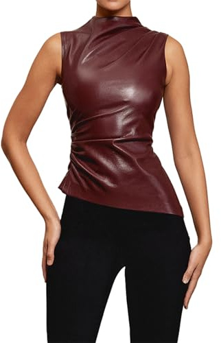 Gilet da donna in pelle laccata, con allacciatura al collo, maglietta sexy da donna, in pelle, con colletto alto, senza maniche, per feste e clubwear, Colore: rosso, M