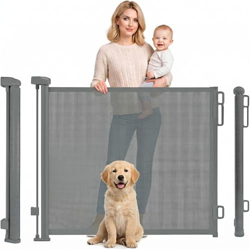 Rainberg Retractable Stair Gate for Baby & Pet with Secure 2-Step Lock 150cm Wide & 80cm Tall, One Hand Operated Baby Gate, Child Safety Gate for Doorways Stairs, Hallways, Kitchen (Grey)
