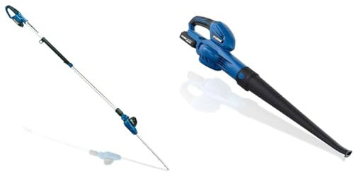 Hyundai 20V 410mm Cordless Long Reach Pole Hedge Trimmer 2Ah Li-Ion Battery & 20V Cordless Leaf Blower, 141mph Maximum Air Speed, Lightweight