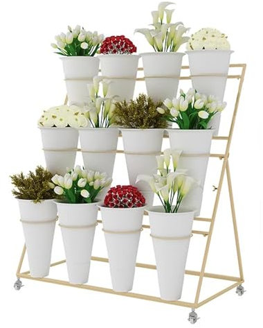 Florist 3-tier Flower Display Stand with 12 Buckets, Metal Mobile Flower Shelf with Wheels Plant Cart Shelves for Indoor Outdoor Garden Balcony Courtyard Floral Rack Holder (Golden - White Bucket)