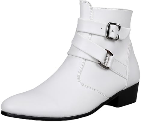 ANUFER Uomo Bello A Punta Stivaletti Tacco Occidentale Cerniera Laterale Cuoio Stivaletti Eleganti Bianco SN079209 EU46