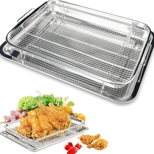 Sonhomay Panier à friteuse en acier inoxydable avec plateau, panier à barbecue, friteuses à air, poêles et plateau crisper, grille métallique, panier à rôtir pour pâtisserie, griller, frites, bacon