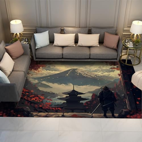 Via Vela Japanischer Ukiyo-e Teppich 240x300cm - Tempelarchitektur Roter Ahorn-Mount Fuji Samurai Waschbarer Rutschfester dünner Teppich mit niedrigem Flor für das Schlafzimmer