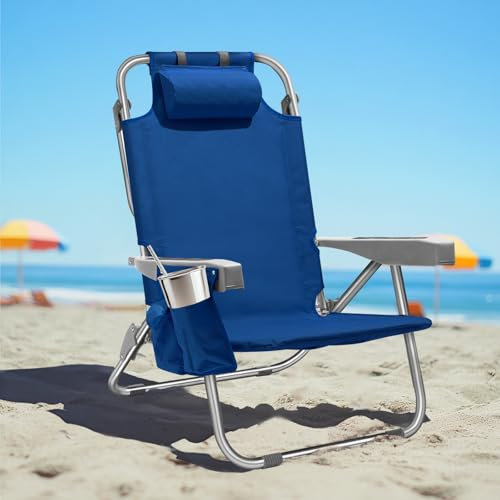 Strandkorb mit 5 Positionen, Aluminium, flach, hoch, kompakter, tragbarer Rucksack, Strandkorb für Erwachsene, mit Kühltasche, Aufbewahrungstasche, Handtuchstange, Getränkehalter und Handyhalter