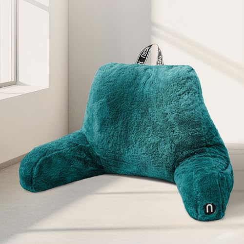 Nestl Fur Reading Pillow, Stylish Back Pillow for Bed Sitting Up, Faux Fur Bed Chair Pillow with Arms, Reading Pillows for Sitting in Bed Adult & Kids, Sit Up Back Support Pillow for Bed Rest - Teal
