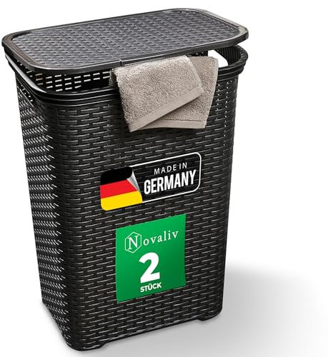 Novaliv 2er-Set Rattan Wäschekorb mit Deckel 60L Schwarz, Wäschebox Set Wäscheeimer Wäschebehälter modern für Bad Wäsche Schmutzwäsche, Wäschekörbe Schmutzwäschebehälter Sammler Korb