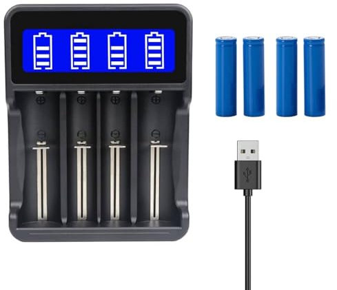 18650 Battery Charger + 4 Pack 3.7V 3500mAh Flat Top Ni-MH Battery Rechargeable, 4 Bay LCD Display Universal Smart USB Dual Battery Chargers for 18650 18500 21700 26650 14500 16340 Batteries