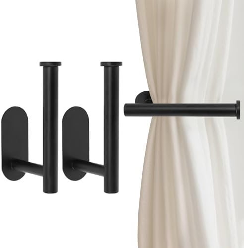 Bdfgh 2pcs Metal Curtain Holdbacks, Curtain Tie back Hook Self Adhesive no Drill Curtain Draper Curtain Hooks Curtain Holders Pull Backs for Doors, Windows, Home Multi-Purpose (Black)