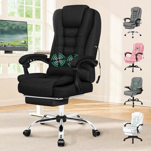 ELFORDSON 2-Point Massage Office Chair for Home, PC Gaming Chair with Footrest and Lumbar Support, High Back 150° Reclining Executive Desk Chair with Padded Armrest, Linen Black