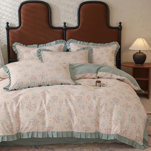 Yaofeiou Damen Bettwäsche 200x200 3Teilig Elegant Blumen Bettwäsche mit Grün Rüschen Blumen Muster Bettbezug für Mädchen Damen Baumwolle Wendebettwäsche Doppelbett mit 2 Kissenbezug 80x80