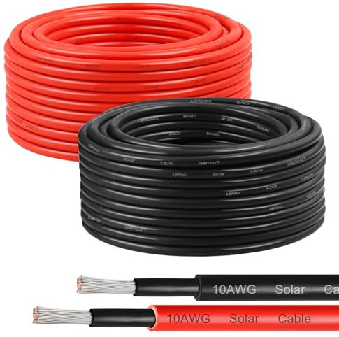 10AWG Solar Wire 6mm², 2 Pack 50FT Red & Black Solar Panel Cable, 84 Strands Tinned Copper, XLPE Insulated Outdoor Wire for PV Systems, Inverter, Battery, RV, Car, Boat – Fire & UV Resistant