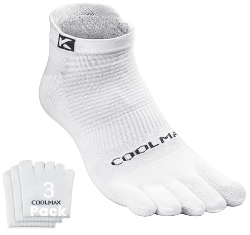 KWUKOTY Cushioned Compression Ankle Running Toe Socks COOLMAX, 3 Pairs White Men & Women Size 3-6