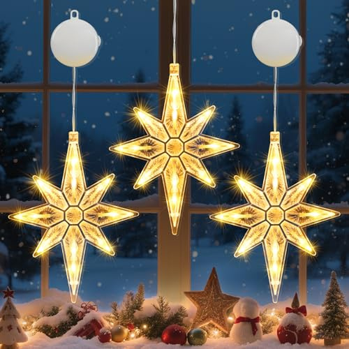 Lewondr 3 Stück Weihnachts-Bethlehem-Stern-Fensterlichter Mit 6H Timer | Batteriebetriebene Weihnachtsfensterdeko mit Saugnäpfen, warme Hängeleuchten für Zuhause und Feiern