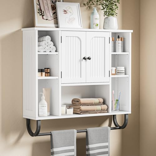 Skokliz Badezimmerschrank hängend, Weißer Medizinschrank mit 2 Türen, Offener Raum und Verstellbare Regale, platzsparender Hängeschrank für Badezimmer, Küche und Wohnzimmer, 19D x 80W x 72H cm