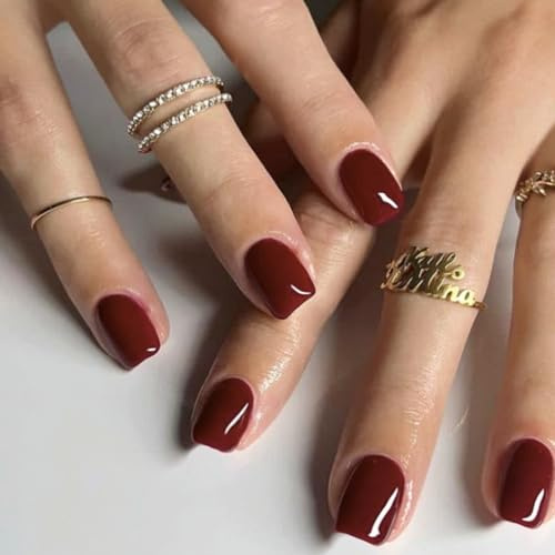 Press On Nails - Square Short False Nails With Glue - Wine Red Fake Nails Removable - Glossy Burgundy French Tip False Nail - Full Cover Stick On Nails For Women Girls Christmas Halloween Nails Art