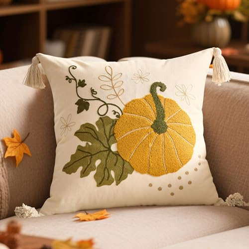 Vartegas Herbst Deko Kissenbezüge, Plüsch Kürbis Kissenbezug 45x45cm mit Quasten, Kissenhülle Herbst Dekoration mit Kurze Wolle Pumpkin/Herbstblätter, für Wohn-/Schlafzimmer Autumn Decor (A)
