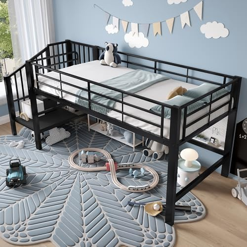 Lexiou 90x200 cm Halbhohes Hochbett mit Stauraumtreppe, Kinderbett mit Integriertem Stauraum, Metall-Loft-Bett für Jungen & Mädchen, inkl. Lattenrost, Leichte Montage, Platzsparend (Schwarz)