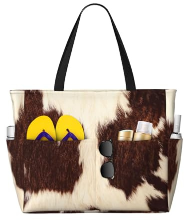 Hnnkloy Kuhfell, Kuhhaar, Haut, braun-weißes Haustiermuster,Große Strandtasche, Reisetasche, Schultertasche für Damen – wasserdichte Tragetasche
